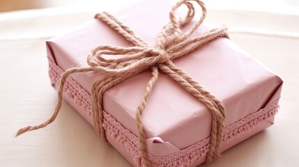 Obraz na płótnie Canvas a pink gift box tied with twine on a table. generative ai