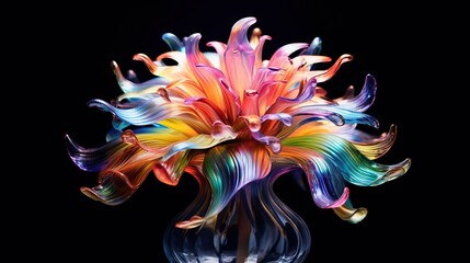  a multicolored flower in a glass vase on a black background.  generative ai