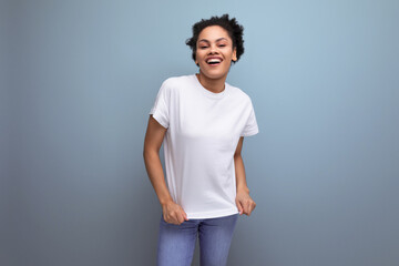 young latin brunette student woman in white t-shirt with space for id print. branding concept