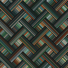 Seamless chevron pattern. Zig zag multicolored thin lines in green, orange, black, and white. Abstract geometric background. Triangle shape waves. Striped graphic texture. Decorative illustration.