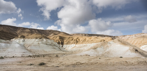 Layered hills of the Ustyurt plateau in the steppe of lime, chalk and sand, the ancient bottom of the Tethys ocean