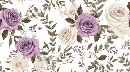  a white and purple rose wallpaper with leaves and flowers.  generative ai