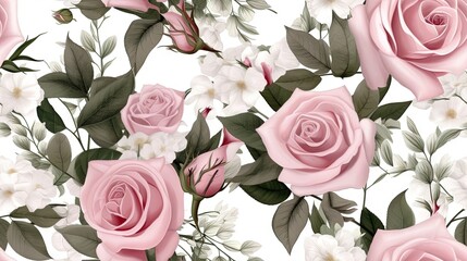  a pink rose and white flowers on a white background with green leaves.  generative ai