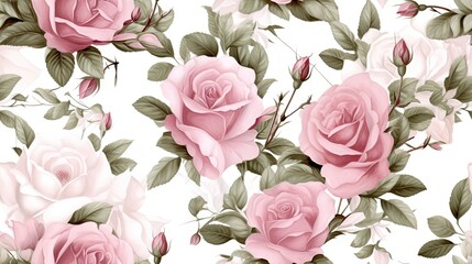  pink roses on a white background with green leaves and buds.  generative ai