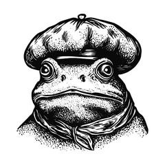 frog wearing beret sketch - obrazy, fototapety, plakaty