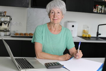 Fototapeta na wymiar A confident looking white haired senior woman in her sixties is finding financial stability