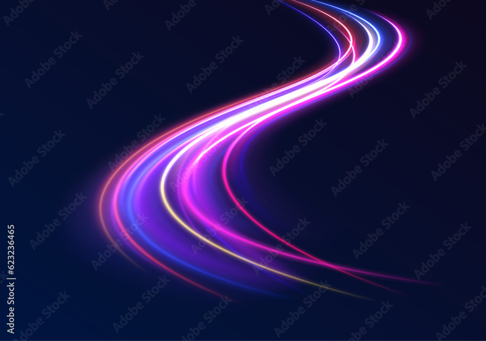 Poster vector speed of light in space on dark background. abstract background in blue, yellow and orange ne
