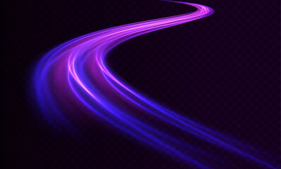 Cyberpunk light trails in motion or light slow shutter effect. Acceleration speed motion on night road. Bright sparkling background. 