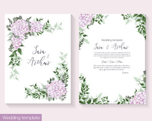 Floral vector template for invitations for wedding or other celebration. Pink hydrangea, eucalyptus, different plants and leaves. . Vector illustration
