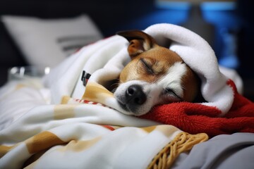 dog breed Jack Russell sleeps on bed under covers.