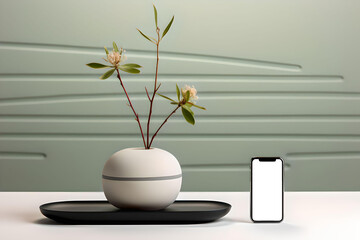 Smartphone mock-up, Mobile mock-up,Plant in vase space for text, Minimalist Zen, Zen background, Zen