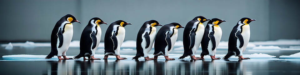 Funny image created by generative AI of several penguins in a row walking on the ice. - obrazy, fototapety, plakaty