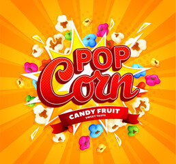 Cartoon movie color pop corn burst, popcorn snack explosion, vector background. Cinema theater pop corn or movie snack bar poster, popcorn with candy fruits flavor explode for product package - obrazy, fototapety, plakaty