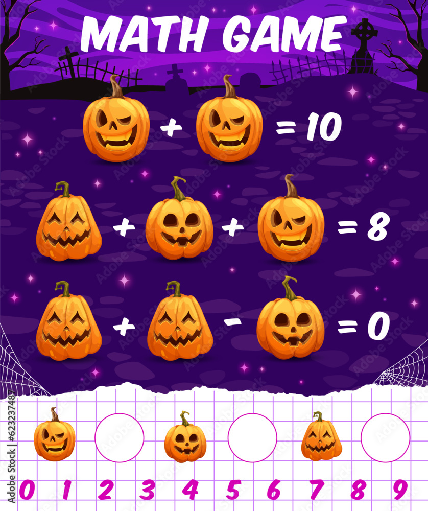 Poster math game worksheet. cartoon halloween pumpkins on cemetery. vector mathematics riddle for children 
