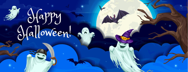 Halloween paper cut, cartoon eerie flying ghosts and bats, vector horror night holiday background. Halloween party banner in paper cut 3d layers with witch ghosts and spooky ghouls in haunted forest