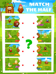 Fototapeta premium Match the half of cartoon nuts characters on yoga. Vector game worksheet with coconut, peanut, walnut and cashew. Almond, sunflower or pumpkin seeds, pekan, hazelnut and brazil kernels personages