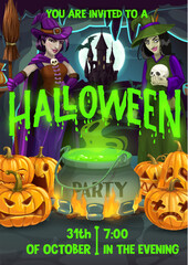Halloween flyer with cartoon witches and pumpkins. Vector party invitation poster with funny hags and boiling cauldron with potion, castle at night moonlight and spooky jack lantern scary personages