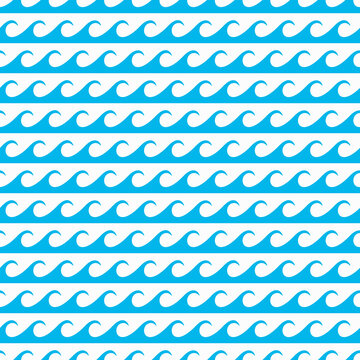 Wave pattern, sea or ocean blue ripple lines on seamless background, vector water wavy curves. Wave pattern of tide ripples, aqua zigzag with surf curls, nautical seamless ornament or tile pattern