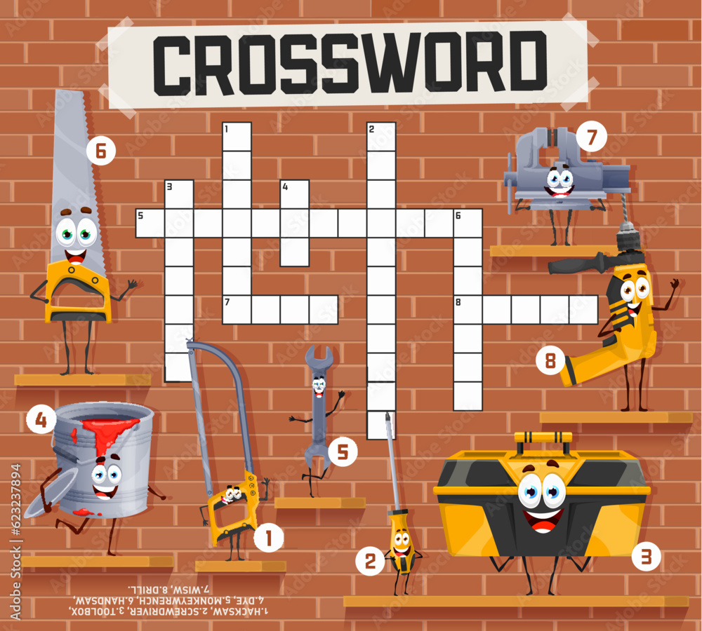 Poster Crossword quiz game grid with cartoon repair and DIY work tool characters, vector worksheet. Kids crossword quiz game to guess word of screwdriver, toolbox and drill with hacksaw and wrench work tool
