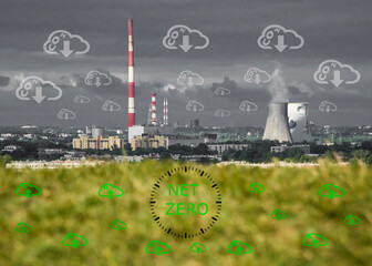 Fabryka z kominami na tle szarego nieba i zieleni. Ikony z  dwutlenkiem węgla i tlenem. Strategia długoterminowego redukowania zanieczyszczeń. - obrazy, fototapety, plakaty