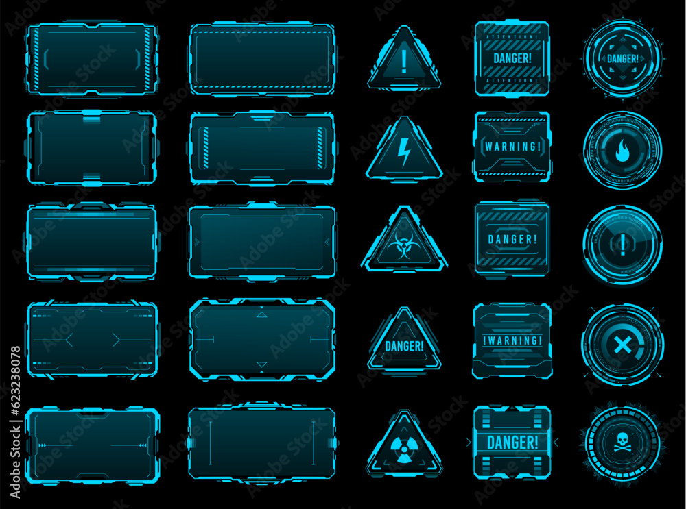 Leinwandbilder HUD danger and warning interface frames of futuristic cyber technology, vector UI. HUD danger alert and warning frames for game dashboard screen, caution or hazard danger message box hologram