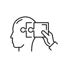 Puzzle, strategy, brain outline icon. Vector creative thinking, human head and zigzag puzzle, cognitive psychology or psychotherapy, mental health