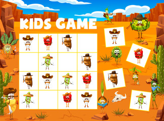 Sudoku kids game, cartoon cowboy, sheriff and robber vegetable characters, vector puzzle. Potato cowboy, onion western ranger with olive and horseradish sheriff on Western game of sudoku puzzle quiz