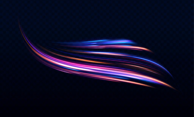 Abstract image of speed motion on the road. Vector glitter light fire flare trace. Dark blue abstract background with ultraviolet neon glow, blurry light lines, waves