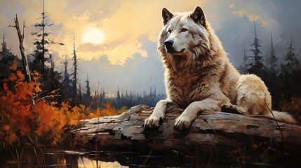  a painting of a wolf sitting on a log in a forest.  generative ai