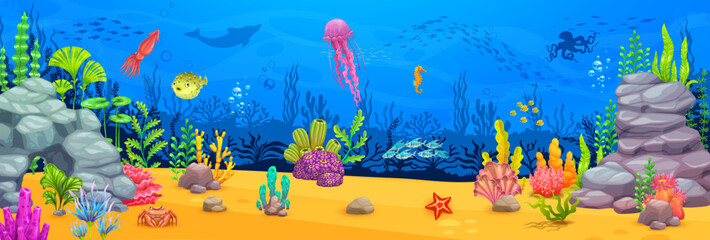 Fototapeta na wymiar Underwater landscape. Sea game level featuring mesmerizing coral reefs, vibrant marine life, and challenging obstacles. Vector gui interface background, dive into the depths and explore ocean wonders