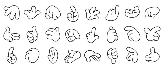 Set of 70s groovy comic hand vector. Collection of cartoon character hands, in different poses, okay, pointing, victory sign, high five. Cute retro groovy hippie illustration for decorative, sticker