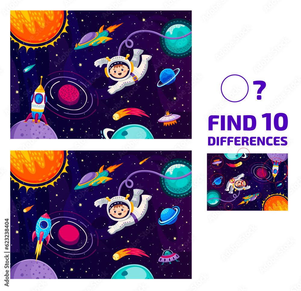 Poster Find ten differences at galaxy landscape, astronaut in outer space and rocketship, vector puzzle game. Cartoon spaceman with alien UFO and rocket spaceship in kids quiz to find ten differences