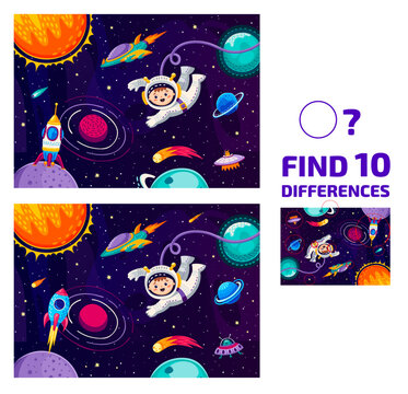 Find ten differences at galaxy landscape, astronaut in outer space and rocketship, vector puzzle game. Cartoon spaceman with alien UFO and rocket spaceship in kids quiz to find ten differences © Vector Tradition