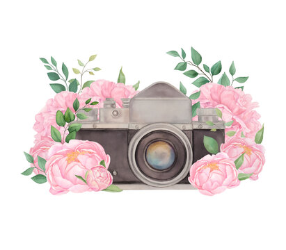 Hand-painted retro camera in pink peony flowers and green leaves