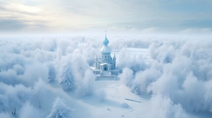 Wild forest and a building in the style of Russian architecture. Remote travel destination concept. Drone view winter nature, white minimal background. Generative AI.