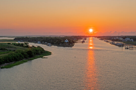 Sunrise over the Atlantic Intercoastal Waterway, which runs between Mount Pleasant and Isle of Palms, South Carolina, USA.