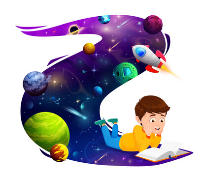 Child Boy Reading A Book And Thinking About Space Flight On Rocket. Imaginative Kid Engrossed In A Story, Pondering The Wonders Of Interstellar Travel While Dreaming Of Embarking On Thrilling Journey