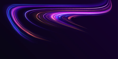 Abstract futuristic neon background with glowing ascending lines. Light Trails On Road At Night. Image of speed motion on the road.  