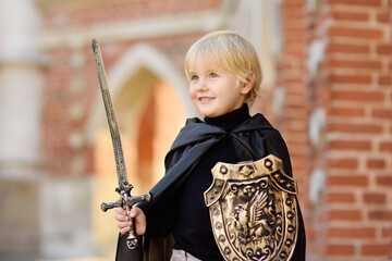 Portrait of a cute little boy dressed as a medieval knight