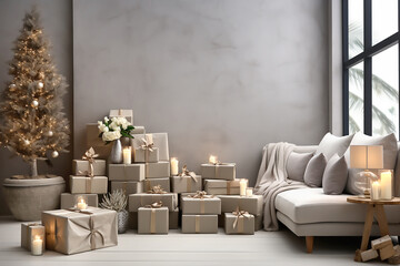 Christmas tree and gray gift boxes with beige bows in interior. Generative AI