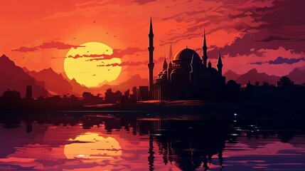 Obraz premium silhouette of the mosque at sunset Generative AI