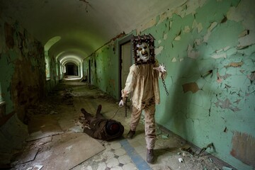 Ghost of maniac with cage on his head dragging dead body down corridor of asylum