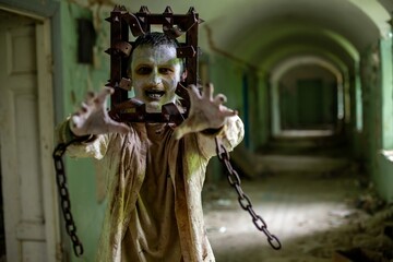 Ghost of maniac with cage on his head squirming in corridor of abandoned asylum - obrazy, fototapety, plakaty
