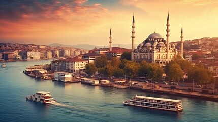Obraz premium Blue Mosque and Bosporus panorama, Istanbul, Turkey Generative AI