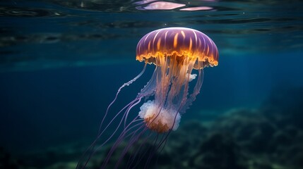 Fototapeta premium A small jellyfish swims just under the surface of the sea in Raja Ampat, Indonesia. Jellyfish are often found in substantial numbers, called a bloom of jellies Generative AI