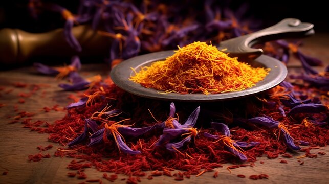 Dried saffron spice and Saffron flower Generative AI