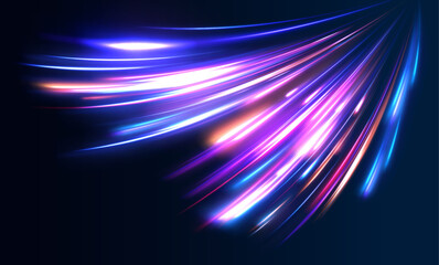 Abstract image of speed motion on the road. Vector glitter light fire flare trace. Dark blue abstract background with ultraviolet neon glow, blurry light lines, waves