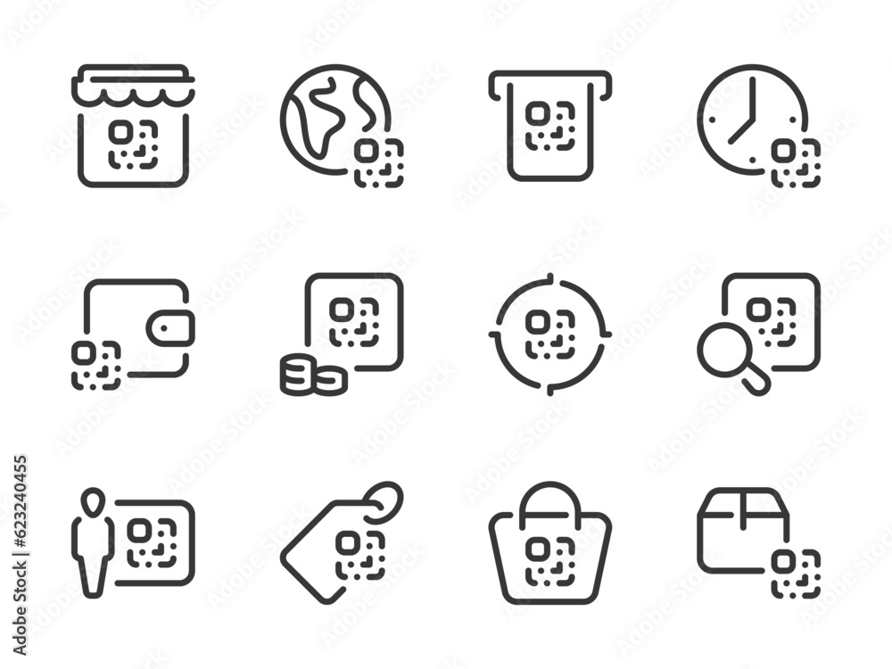 Poster qr code vector line icons. coded information outline icon set. digital tag, code scan, encrypted dat