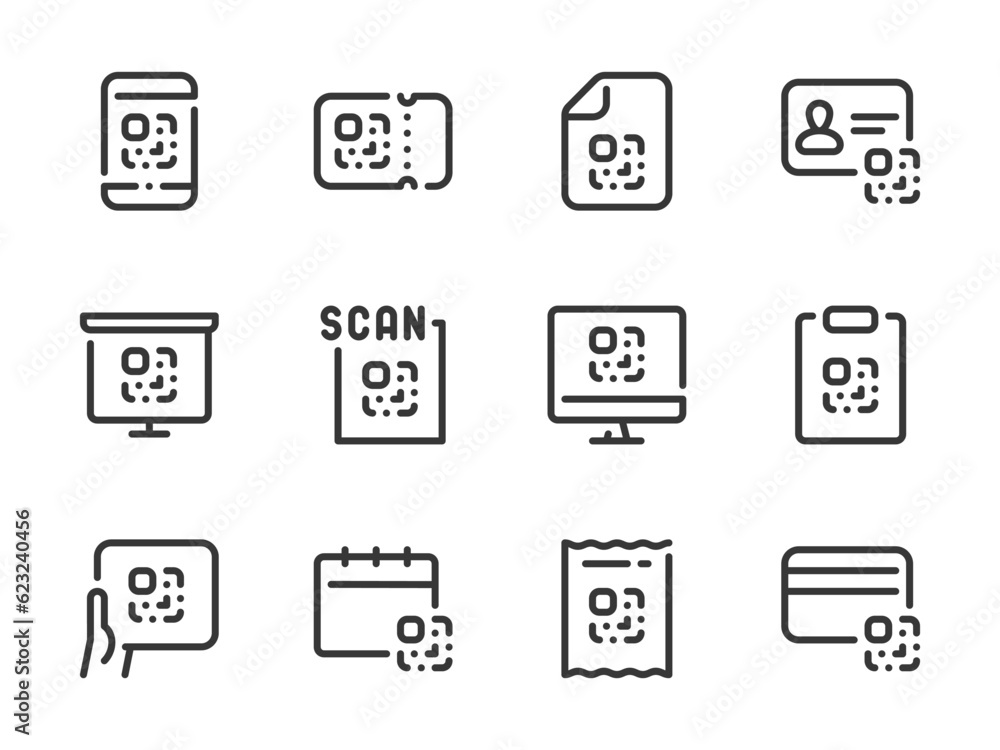 Poster qr code vector line icons. coded information outline icon set. digital tag, code scan, encrypted dat