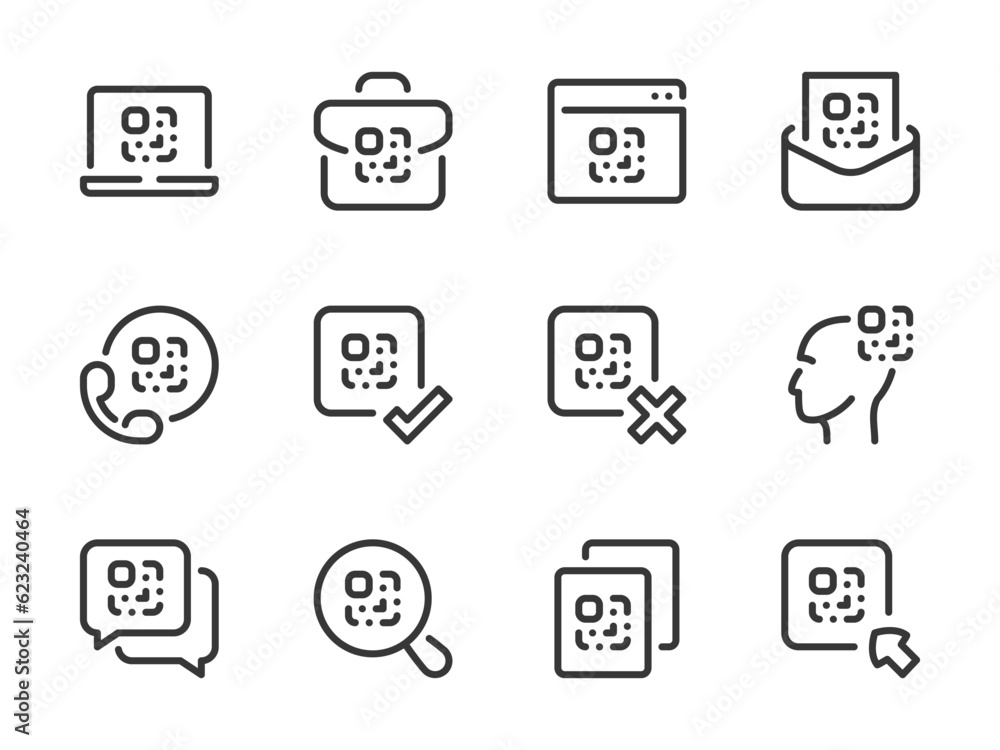 Poster qr code vector line icons. coded information outline icon set. digital tag, code scan, encrypted dat